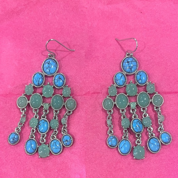Turquoise and Green Chandelier Earrings - Picture 2 of 3